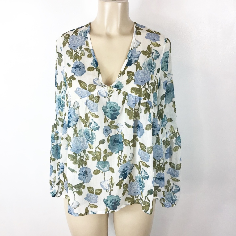 Baby Doll blouse floral blue roses Mossimo Supply Women's Blouse Size XL Floral